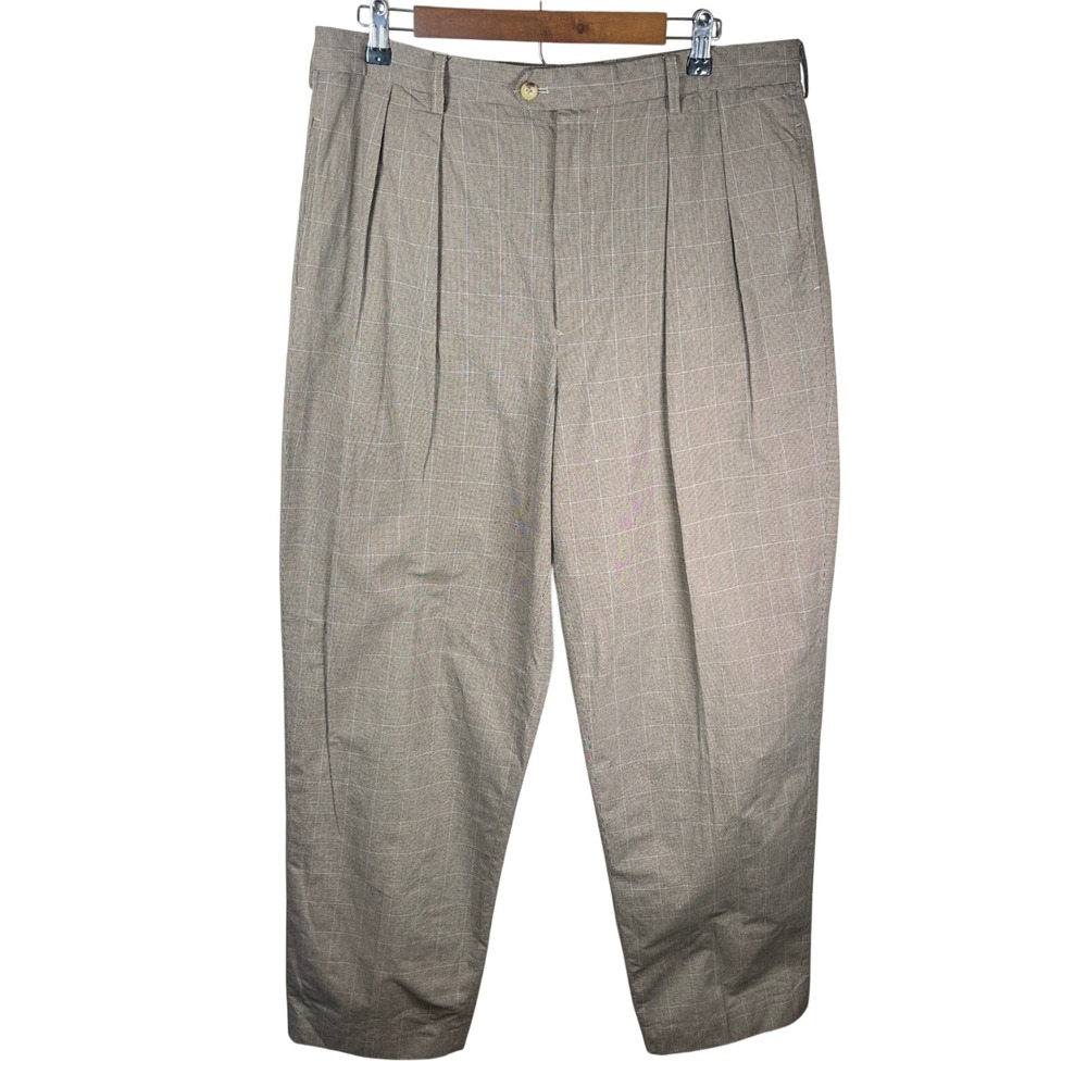 Vtg Tommy Hilfiger Mens Plaid Pleated 100% Cotton Dress Pants Tan Size 36x34 90s